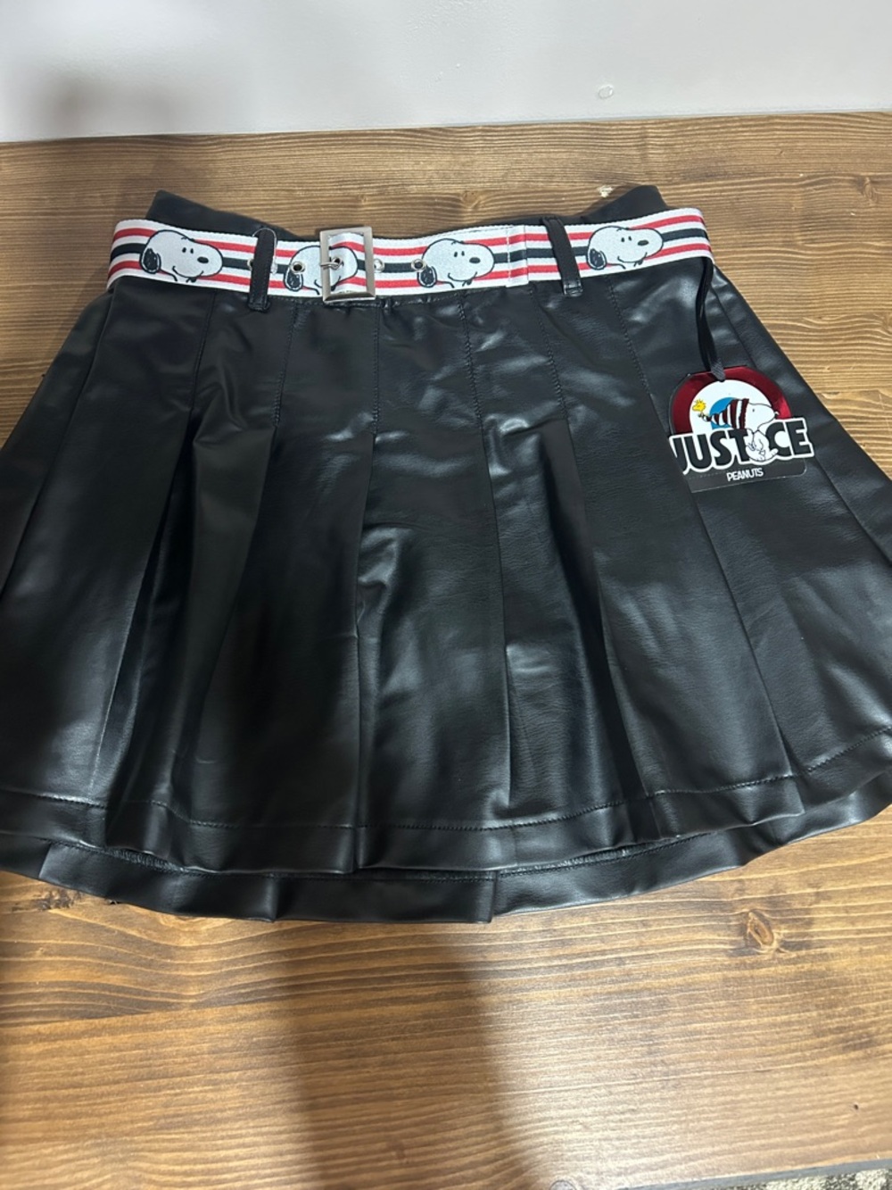 Justice Black Faux Leather Pleated Skort with Peanuts Snoopy Belt. NWT 12/14